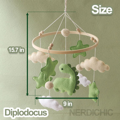 Baby Crib Mobile for Boys Girls, Nursery Decor Mobile for Bassinet, Gender Neutral Mobile Crib Accessories for Infant Bedroom Hanging Newborn Gift - Dinosaur Diplodocus, Cloud, Stars