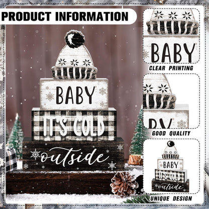 Marsui 4 Pcs Winter Wooden Tabletop Decor Wooden Hat Block Sign Rustic Tiered Tray Decor Baby Its Cold Outside Table Centerpiece Cozy Neutral Winter Decoration for Home Office Desk Shelf