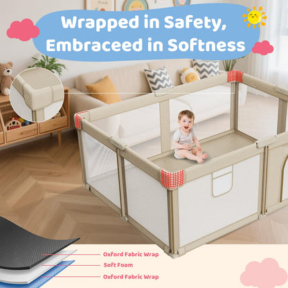 Foldable Baby Playpen: 71” x 59” Super Large Playpen for Babies and Toddlers - Portable Play Pen for Babies with Breathable Mesh & 2 Pulling Handle - Baby Play Yard for Outdoor & Indoor