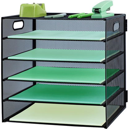 IOUGDSEC Paper Letter Tray with Handle, 5 Tier Metal Mesh Desk File Organizer, A4 Paper Desktop Filing Trays, Desk Tidy Magazine Document Holder for Home Office, Black
