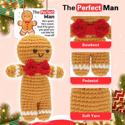 A AIFAMY Positive Gingerbread Doll Funny Handmade Crochet Christmas Stuffed Animals with Affirmation Card for Christmas Decor Gag Gift