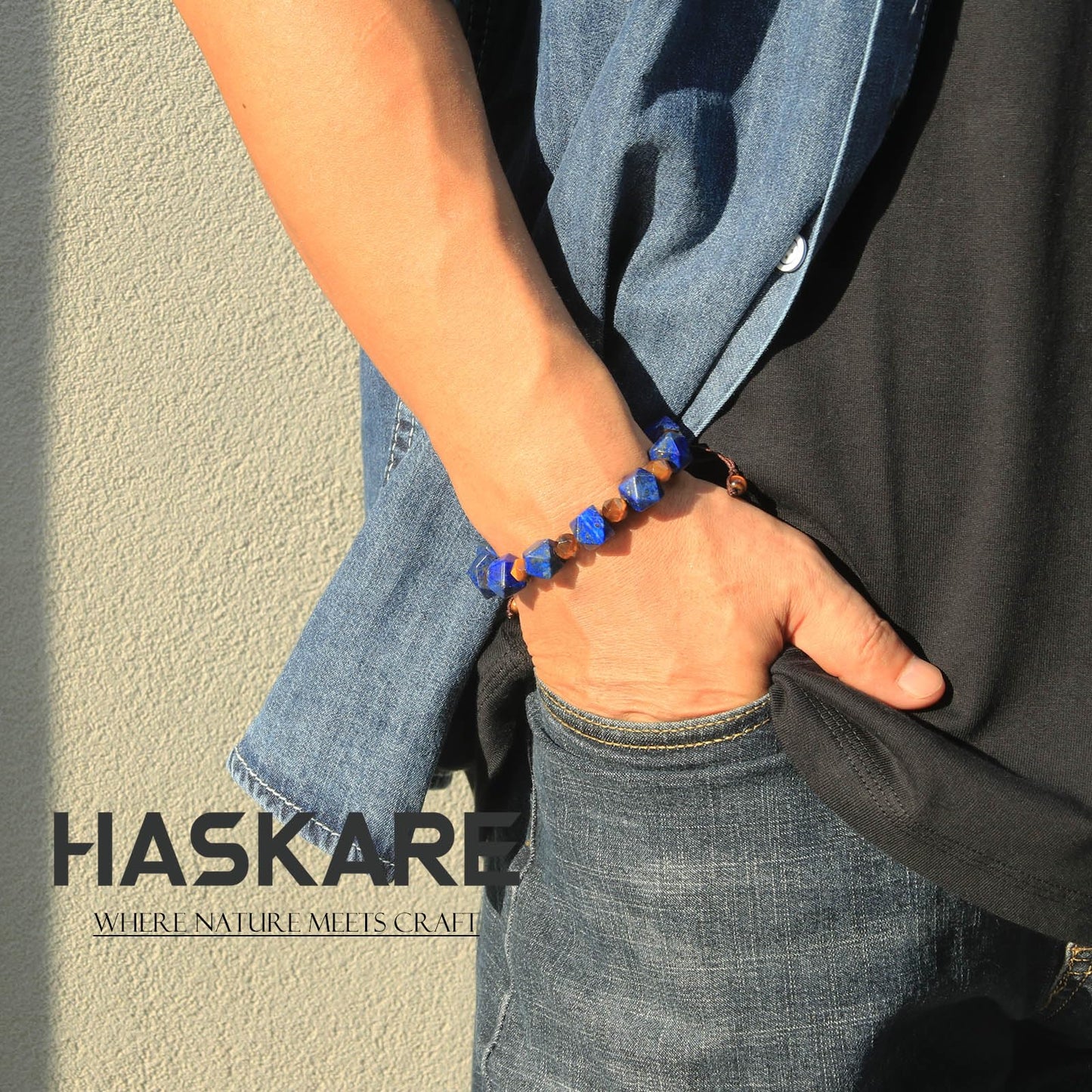 HASKARE Unique Gift Crystal Beads Bracelet for Men, Natural Crystal Lapis Lazuli Tiger Eye Bracelet Premium Handmade, Masculine Drawstring Men Beads Jewelry Energy Protection Stone Stuffers for Him