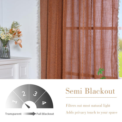 Schweek Terracotta Boho Curtains 84 Inch Length Burnt Orange Farmhouse Curtains for Living Room 2 Panels, Linen Bohemian Tassel Rust Rustic Curtain Drapes