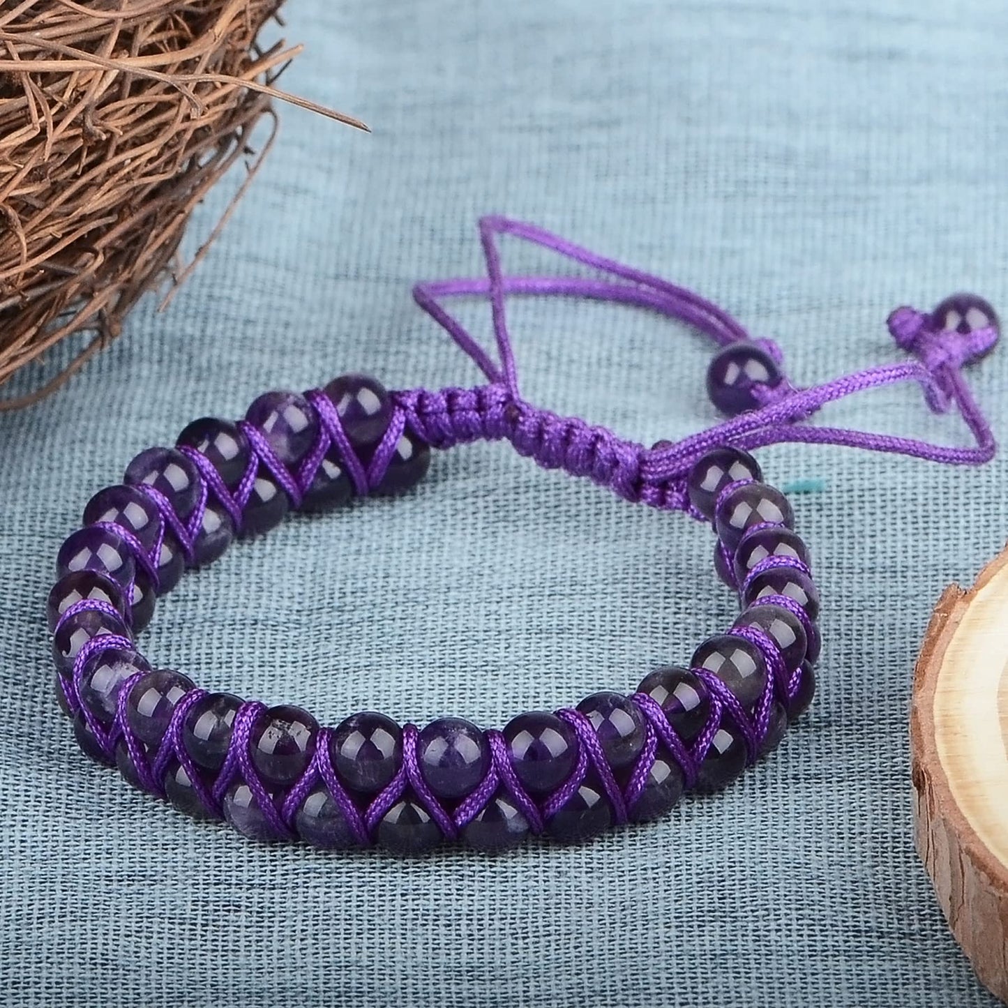 MASSIVE BEADS Natural Chakra Healing Power Crystals Macrame Bracelet Yoga Double Layer Stone Beads Gemstone Meditation Relax Anxiety Bangle for Unisex Women Men (Amethyst, 6mm)