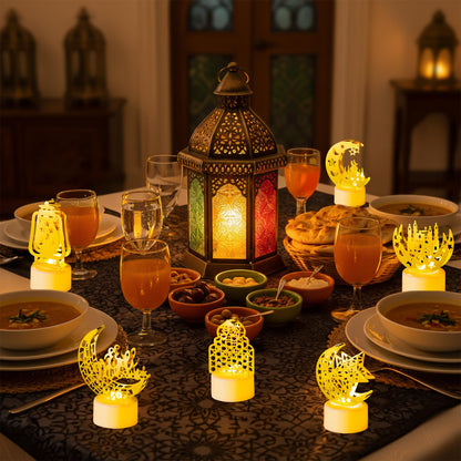 CUweipeng Ramadan Mini Lantern Lights Decoration - 6 Pcs Gold Moon Castle Lighthouse Eid Mubarak Lamp Plastic LED Night Light for Eid Ramadan Party Home Indoor Outdoor Bedroom Tabletop Decoration