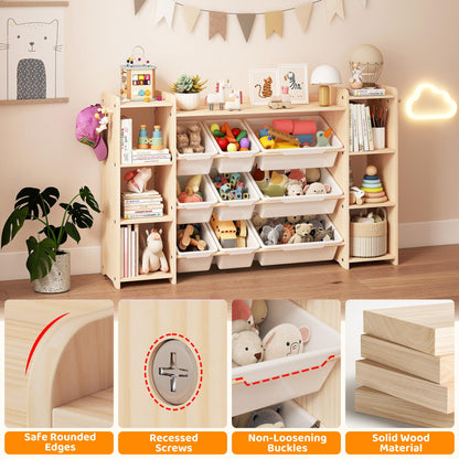 GITAWUSA Toy Storage Organizer, Kids Bookshelf with 6 Shelves, 9 Toy Bins & 6 Hooks | Toy Shelf, Storage Bin Unit, Toy Organization for Playroom, Nursery, Bedroom, Toddler Room | Wood & White