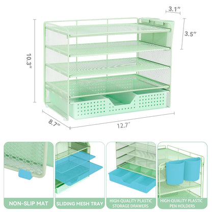 LEKETREE Desk Organizers and Accessories, 5-Tier Paper Letter Tray Organizer with Drawer & 2 Pen Holders, Desktop Organizer for Office Supplies (Green)