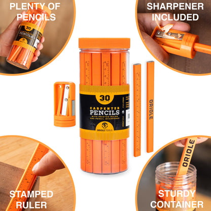 Carpenter Pencils Set with Ruler, 30-Pack of Flat Construction Pencil Bulk Kit by Oriole. Includes Sharpener Carpentry Pencil for Contractors, Framing, Custom Projects & Woodworking.