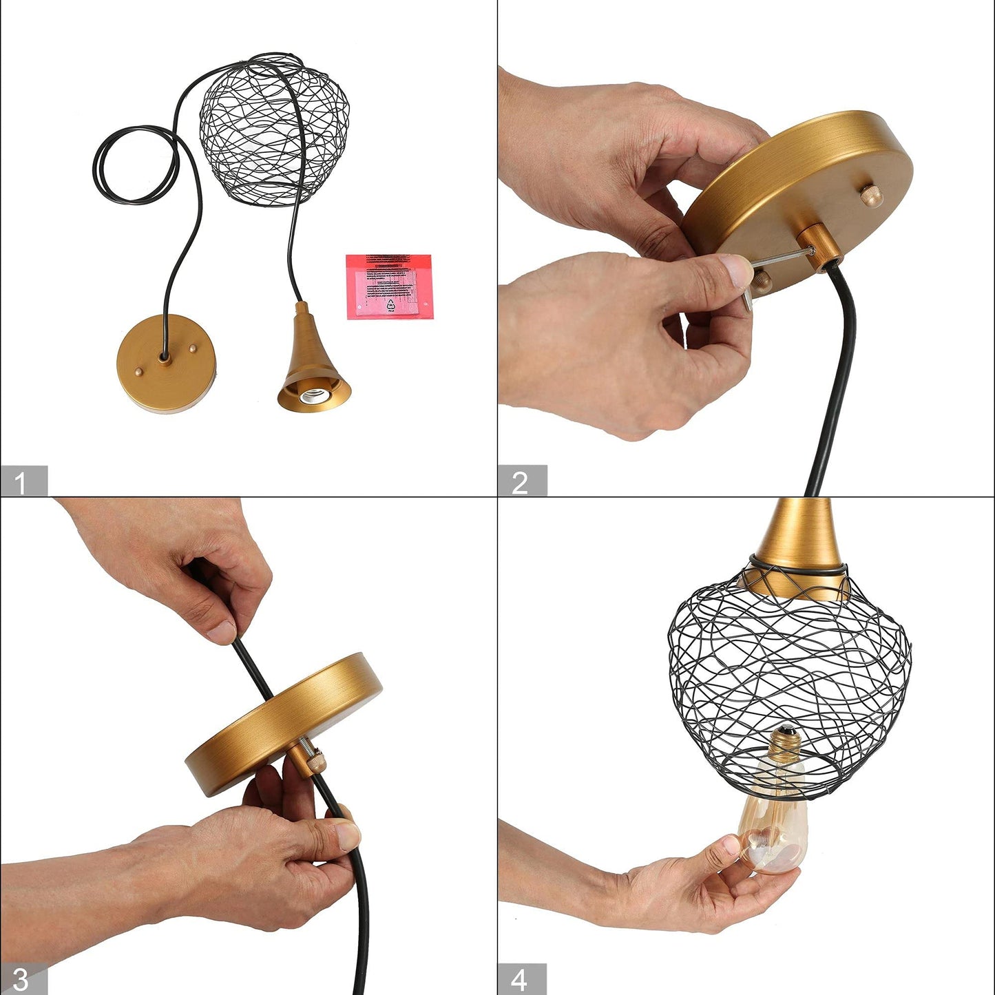 Durent Lighting Brass Modern Industrial Pendant Light, Antique Gold and Black Pendant Lighting Fixtures with Metal Wire Cage for Kitchen Island, Dining Room, Foyer and Bedroom