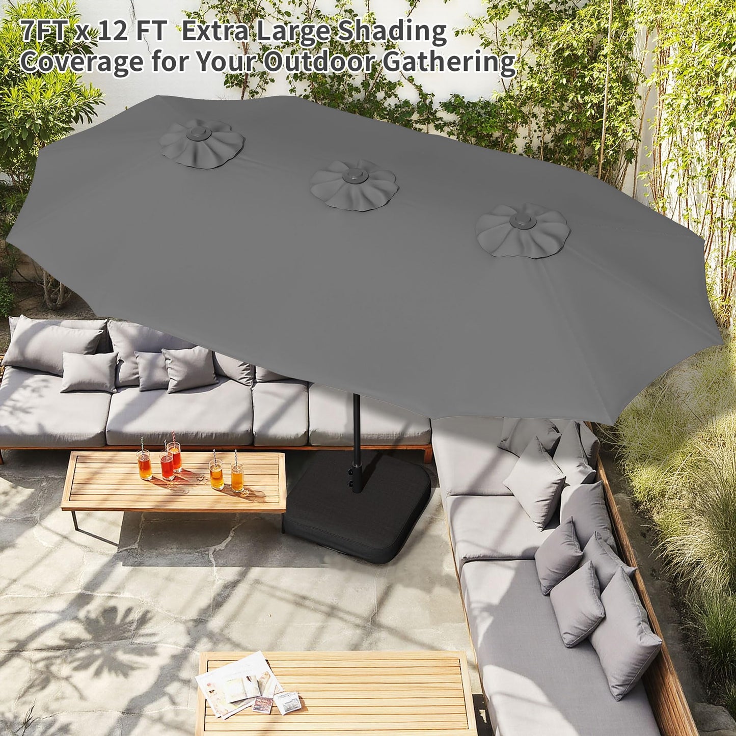 Shintenchi 13FT Large Patio Umbrella with Base Included, Outdoor Double-Sided Rectangular Shade with Crank Handle for Poolside Lawn, Deck & Garden, Gray