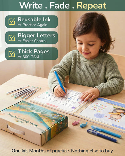 Stoybee Magic Grooved Writing Practice for kids | Deep Grooved Handwriting Practice for Kids Ages 3-7 | Large Pages, Big Letters, Reusable, 15 Refills | Montessori Groove writing Preschool Workbook