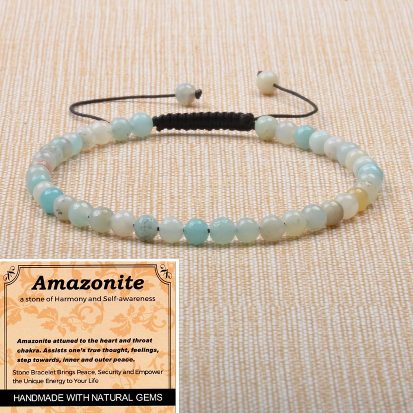 MASSIVE BEADS Multicolor Amazonite Stone of Harmony - Handmade Yoga Natural Stone Crystal Healing Power Energy Gifts for Unisex Adult Bracelet Macrame Adjustable 4mm