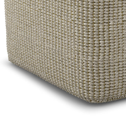 SIMPLIHOME Zelma Square Pouf – 18 inch Wide Upholstered PET Polyester Ottoman in Cream and Natural, Boho Indoor/Outdoor Footstool or Extra Seating for Living Room, Bedroom, or Patio, Assembled