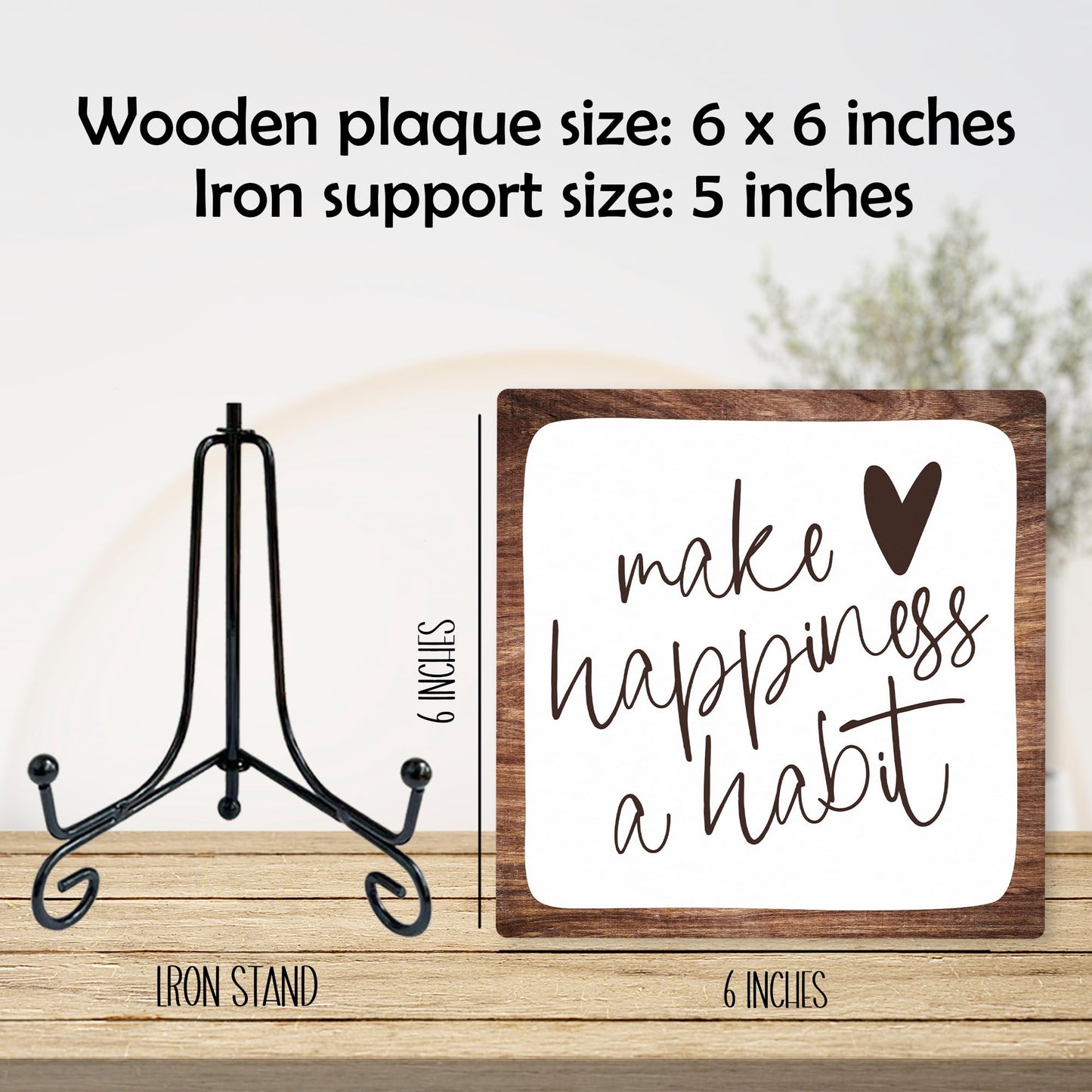 6" Inspirational Wood Decor Make Happiness A Habit Wooden Plaque Signs With 1 Metal Support Rustic Motivational Desk Décor For Home Office Bedroom Table Décor And Accessories - B02