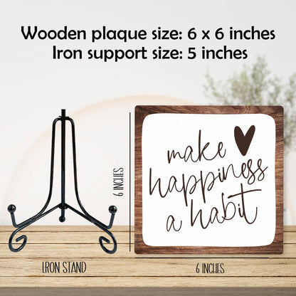6" Inspirational Wood Decor Make Happiness A Habit Wooden Plaque Signs With 1 Metal Support Rustic Motivational Desk Décor For Home Office Bedroom Table Décor And Accessories - B02