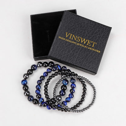 Vinswet 4pcs Natural Stone Beaded Bracelets for Women Men,Healing Crystal Gemstones Stretch Bracelet,4mm 6mm 8mm 10mm lapis lazuli Tiger Eye Black Obsidian Hematite Anxiety Stress Relief Bracelet Jewelry Gifts
