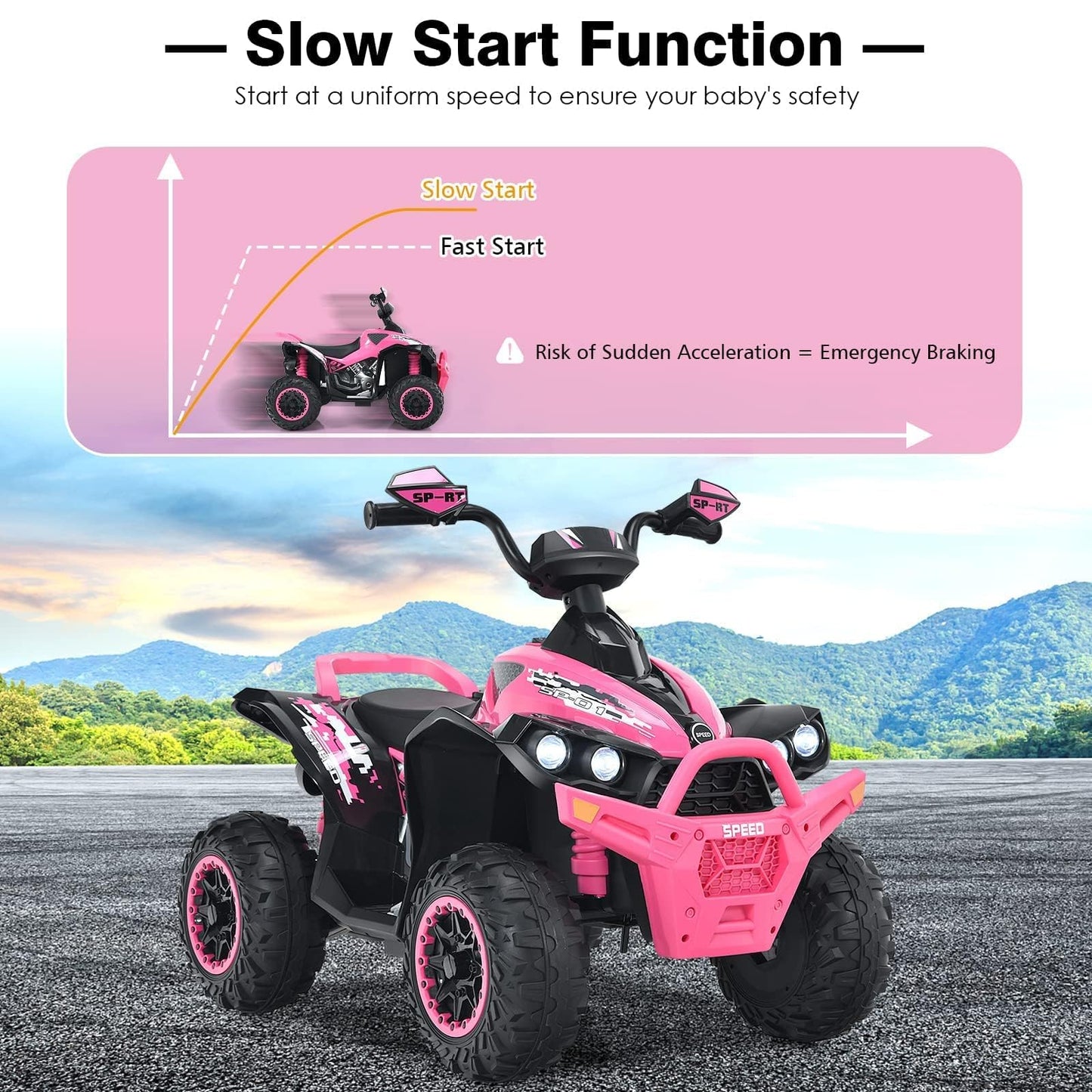 INFANS Kids Ride on ATV, 12V 4 Wheeler Quad Toy Vehicle with Music, Horn, High Low Speeds, LED Lights, Electric Ride On Toy, Battery Powered Wheels Car for Kids 3-8 Years Old (Pink)
