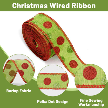 Christmas Wired Ribbon 22 Yards 1.5 Inch Christmas Red Green Dots Ribbon 2 Rolls Glitter Polka Dots Burlap Ribbon for Christmas Decoration, DIY Crafts (Green)