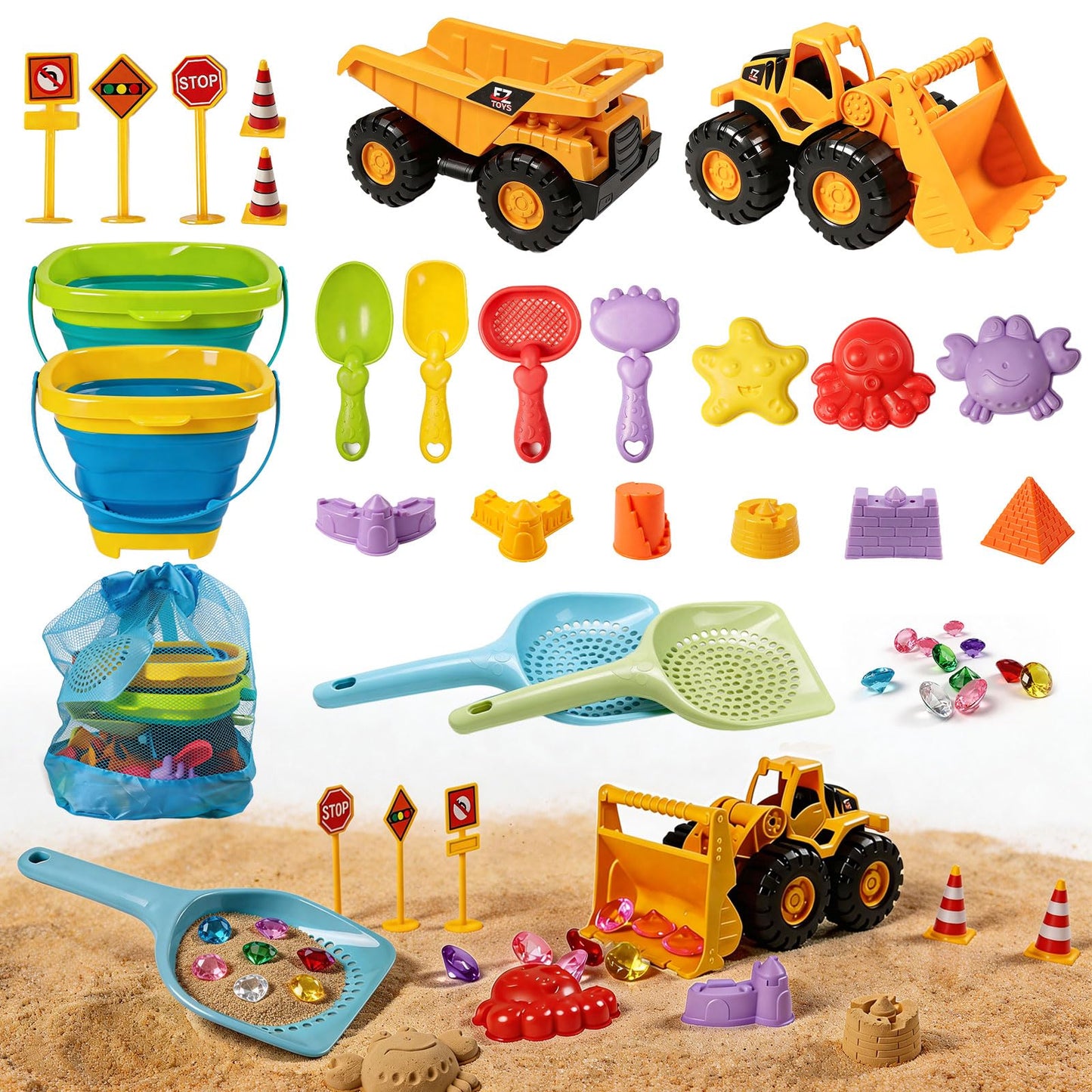 UBeesize 37 PCS Beach Toys , 3-in-1 Construction & Treasure Hunt Sand Toys with 2 Collapsible Buckets, 2 Trucks, Castle Building Kit, Sand Sifter and Shovels, Mesh Bag Sandbox Toys for Toddler 3-10