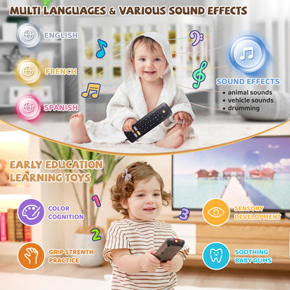 Baby TV Remote Toy - Realistic Play Remote toy with Lights and Sounds, 3 Languages (English, Spanish & French), Learning Musical Toys, Preschool Infant Boys Girls Toys Gift for 1 2 Year Old, Black.