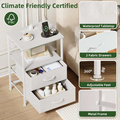 Somdot White Nightstand with Charging Station and LED Light for Bedroom, 2 Drawers Dresser with Fabric Bins for Bedside Kids Dorm Room Closet Laundry Entryway, White Leather