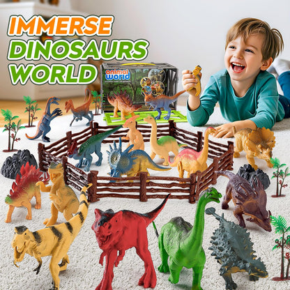 Kiddiworld Dinosaur Toys for Kids 3-5, 31PCS Realistic Plastic Dinosaur Figures with Stone&Tree&Fence in Storage Cage for Toddlers Ages 5-7, Dino Toys Gifts for 3 4 5 Year Old Boys Girls