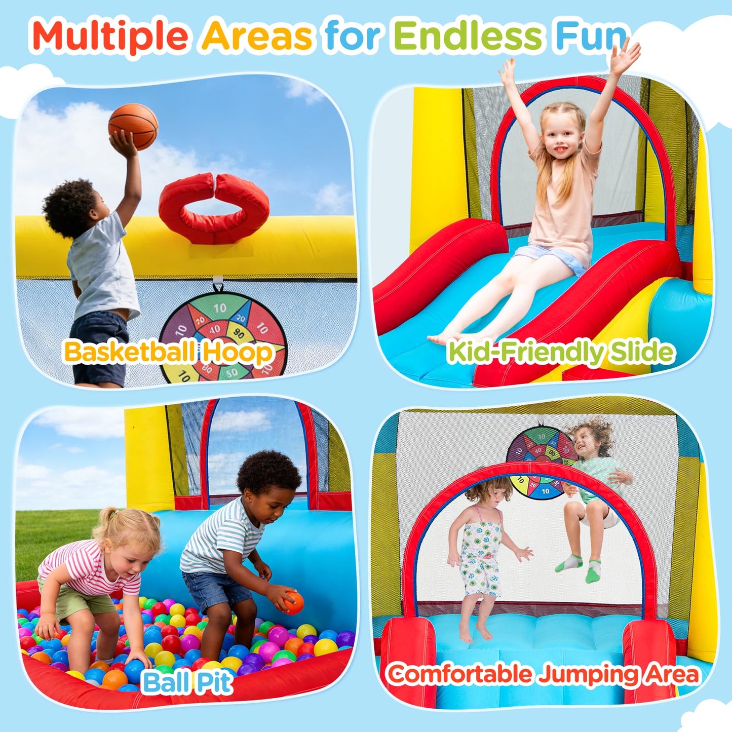 Bounce House for Kids 3-6, with Slide & Ball Pit & Hoop, 5-in-1 Small Indoor Outdoor Inflatable Bouncy Castle, Toddler Jump House for Backyard Family Home Birthday Party, Includes 370W Blower