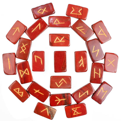 Crocon Red Jasper Rectangle Shape Gemstone Runes with Elder Futhark Alphabet Engraved 25 pcs Rune Set Crystal Divination Metaphysical Healing Balancing Chakra Reiki Runes with a Pouch| Size : 20-25mm