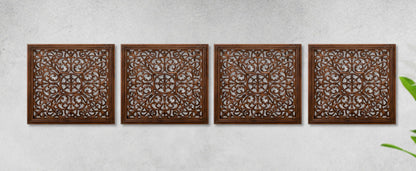The Wooden Town Kashmiri Wall Décor – Set of 4 (16x16 Inch) | Handcrafted Wooden Wall Panels & Hanging Plaques for Living Room, Home & Office | Burnt Finish Decorative Art for Walls