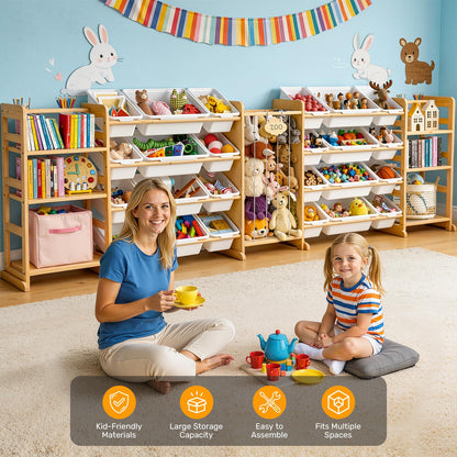 Yazzropt 114" Large Toy Storage Organizer with Bins Shelves & Stuffed Animal Storage for Kids Wood Toddler Playroom Organization with Bookshelf Toys Box Wooden Organizers for Kids Room Nursery Bedroom