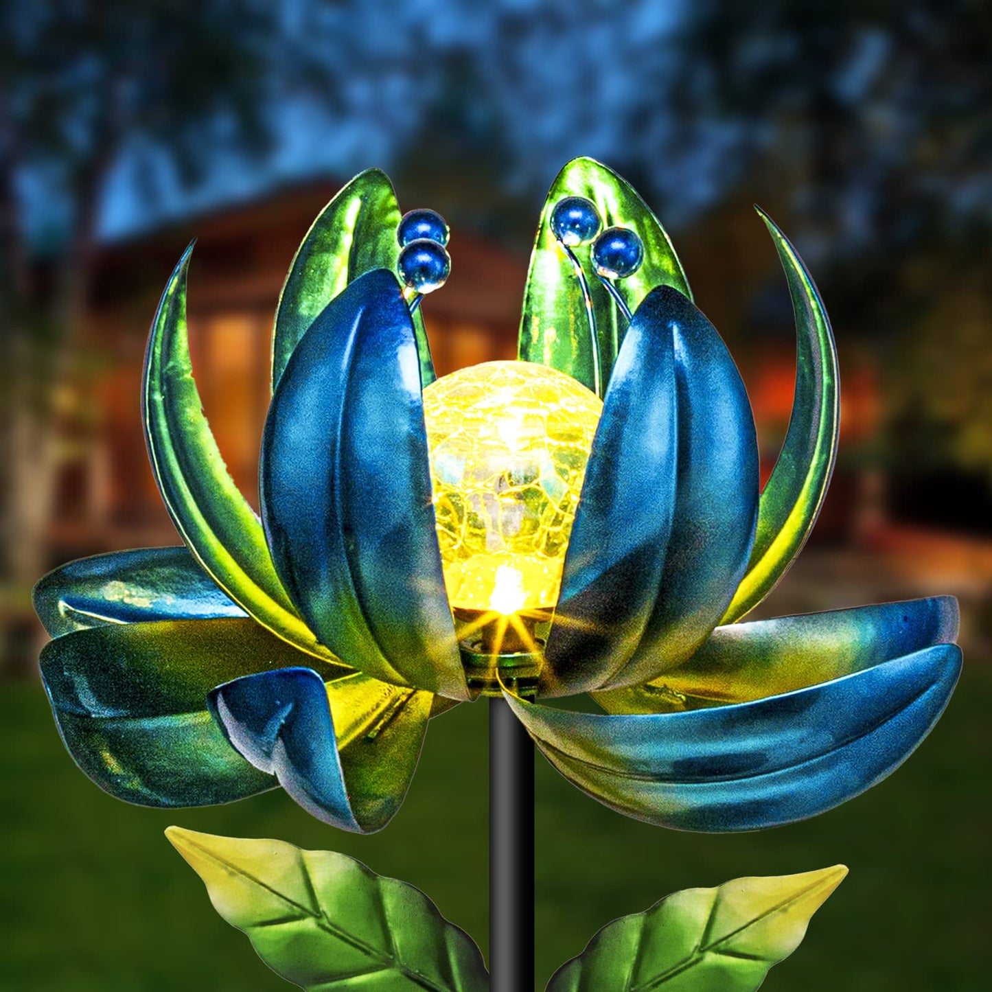 Huaxu Solar Outdoor Lights 35.4In Garden Decor Flower Wind Spinners,Waterproof LED Crackle Glass Globe Blue Lotus Art Metal Stake for Lawn Patio Pathway Yard Porch Driveway Decorations Gift