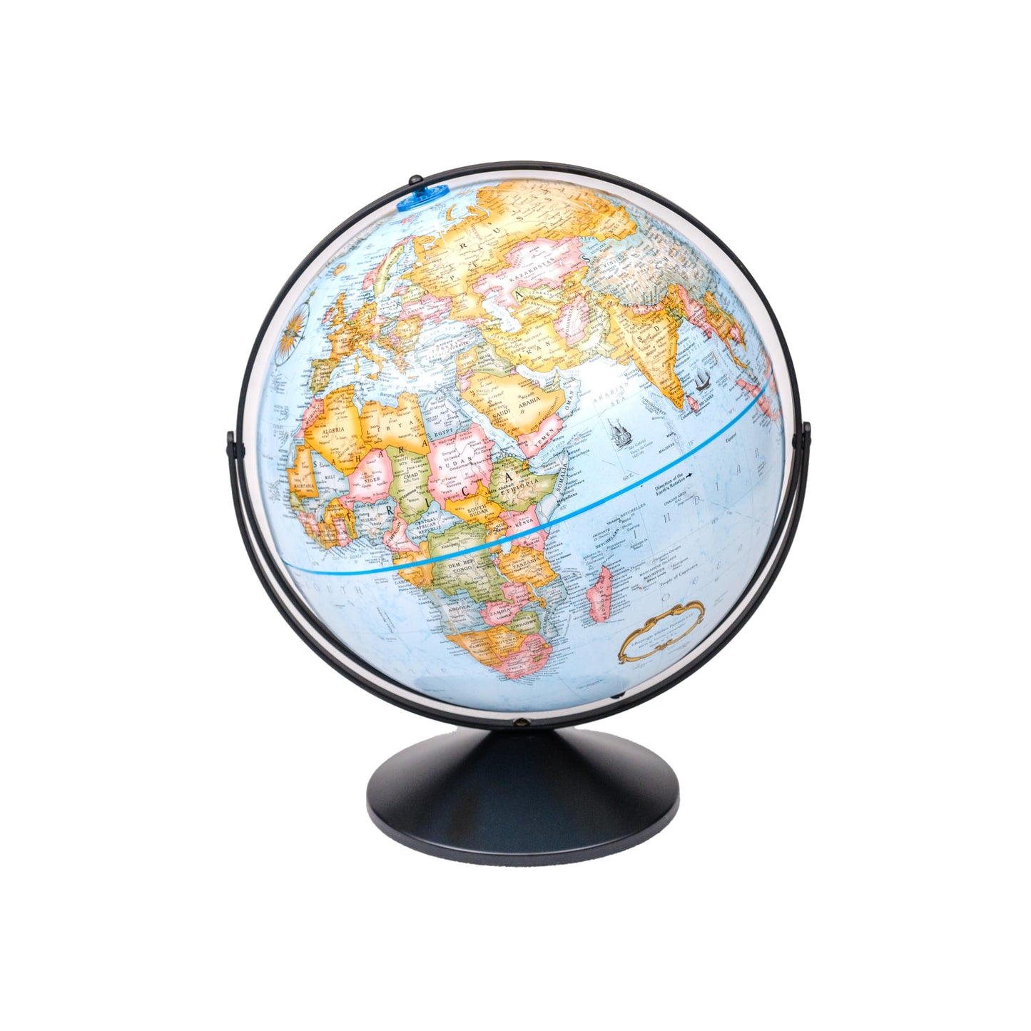 Replogle Eureka 16 inch desktop globe with up to date blue raised relief map and full swing gyromatic assembly. The beautiful blue ocean product has vast amounts of up-to-date information will pique the interest of any geographical connoisseur of all ages