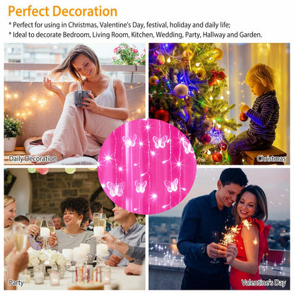 Lainin USB Powered String Light 13FT 96LED Curtain Light 16 Butterflies Strings 8 Mode Fairy Light Strip for Party Indoor Outdoor Room Garden Wall Wedding Christmas Xmas Decorations (Pink)