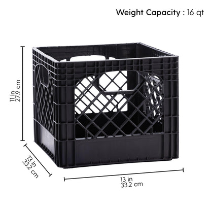 Plastic Milk Crate Storage Tote with Handles, 16-Quart Stackable Cube Organizer for Garage, Home, and Office, Made in the USA, 13" x 13" x 11" (1-Pack) - Black