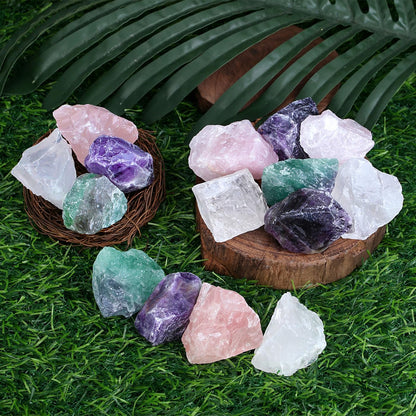 ZHIYUXI 1lb Amethyst 2" Rose Quartz Clear Quartz Fluorite Rough Stones Crystals Raw Crystal Bulk Large Crystals and Stones Gemstones Natural Rocks for Meditation, Fountain Rocks, Wire Wrapping, Decor