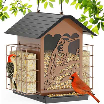 Birdream Bird Feeders for Outdoors, 5 Lbs Metal Bird Feeder with Double Suet Cages, 2 in 1 Mixed Seeds Suet Feeder, Large Capacity & Weatherproof Metal Roof, Attract Cardinals Wildbird Woodpecker