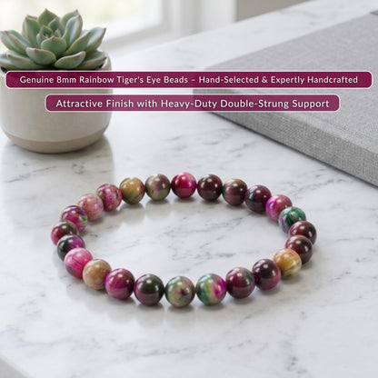 Cherry Tree Collection Rainbow Tiger's Eye Beaded Bracelet – Genuine 8mm Gemstone Stretch Bracelet for Men & Women – Handmade Crystal Bracelet - (Rainbow Tiger's Eye - S)