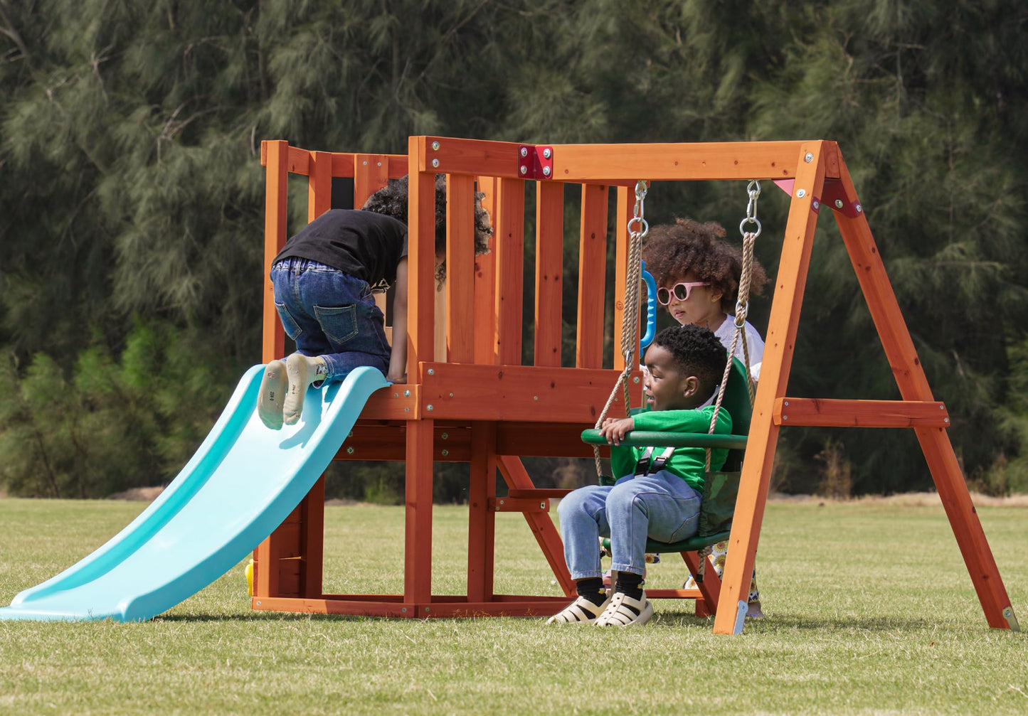 Dolphin Playground 5-in-1 Toddler Swing Sets with Slide for Backyard, Toddler Outdoor Playset with Baby Swing, Table, Blackboard, Kid Slide, Rock Climbing Wall, Ages 18 mo to 4 yrs