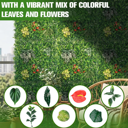 6pcs 39.37"X39.37" PE Artificial Grass Wall Panel, 8-Plant Mixed Foliage, Easy DIY Installation with Zip Ties, Indoor Outdoor Privacy Screen for Home Garden Wedding Decoration