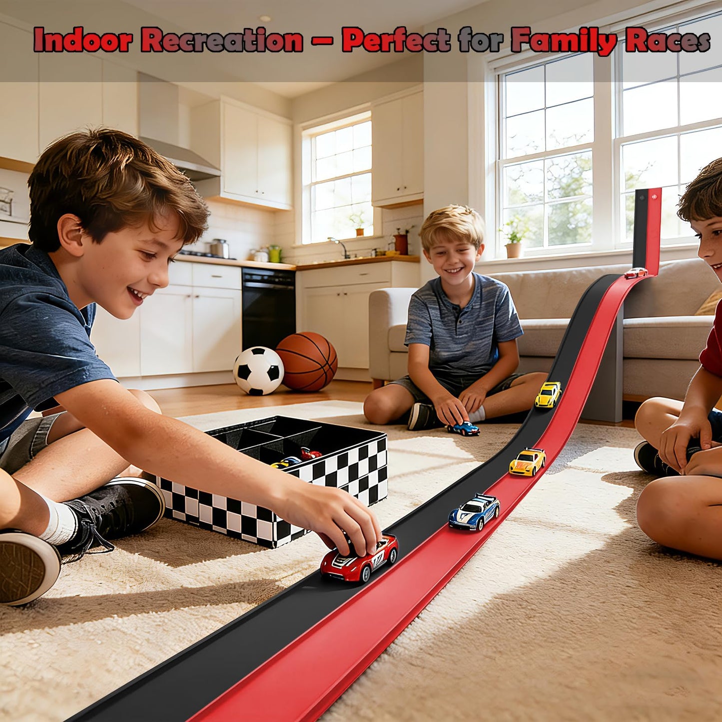 Flexible Race Track 15 Ft Starter Set, Flex Tracks for Kids 3+ with Strong Suction Cups, Flexible Car Race Ramp Track Compatible with Hot Wheels and Diecast 1/64 Cars, Portable Rolls Up Race Tracks