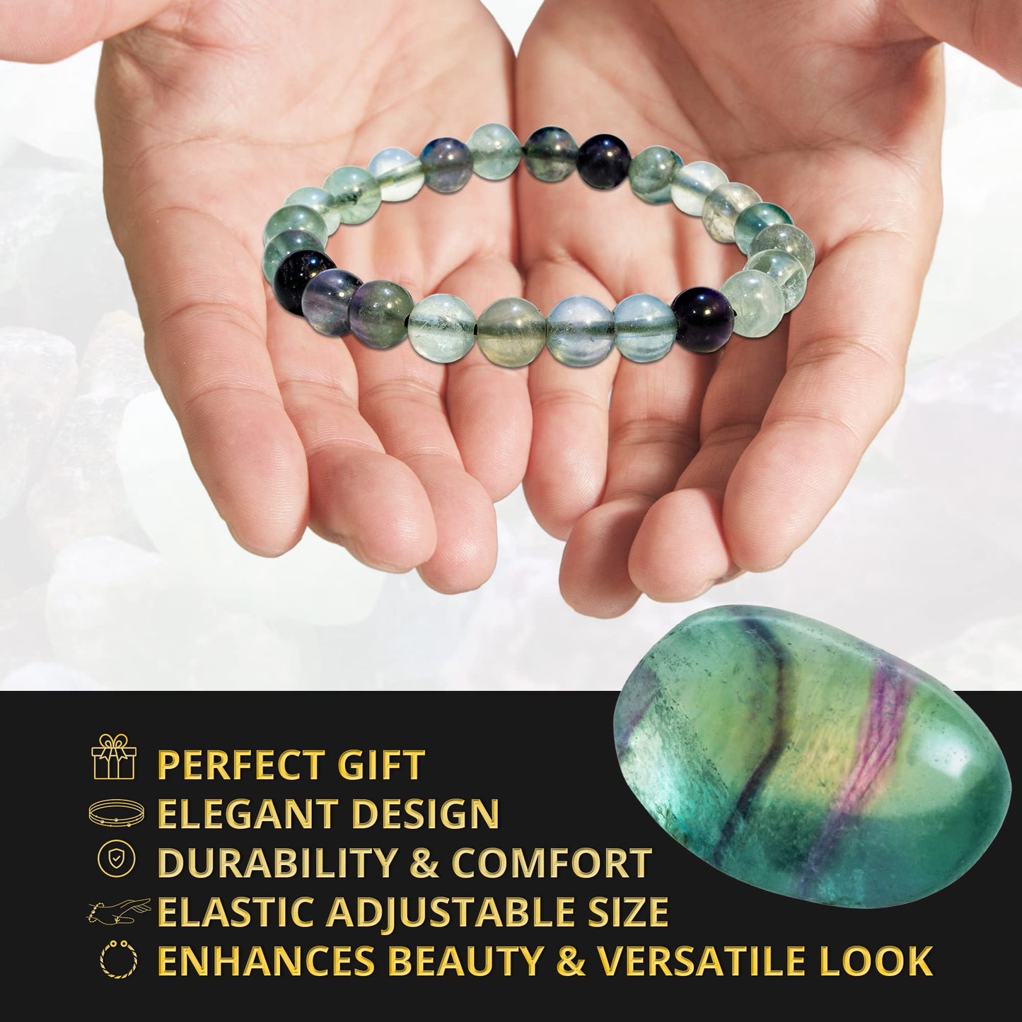 ANAYA AGATE Rainbow Fluorite Bracelet, Healing Crystal Bracelet for Women and Men, 8mm Round Beaded Bracelet for Spiritual Healing, Protection, Positive Energy, Elastic Adjustable Size Gemstone Bead Bracelet