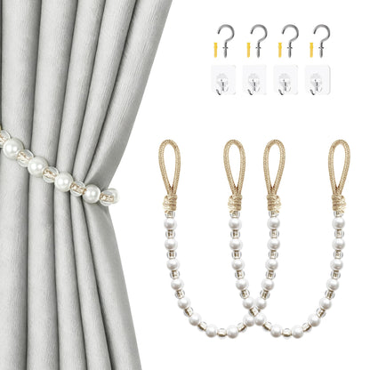 HOUOGROEM 1 Pack Curtain Tiebacks - Pearl Bead Curtain Holdbacks Wall Mounted with Hooks Tie Backs for Bedroom Decor Home Outdoor Office Beige