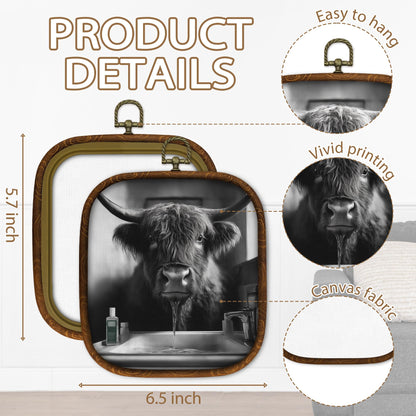 WULQYING Funny Highland Cow Bathroom Wall Art Decor, Highland Cow Framed Canvas Art Prints, Black and White Farmhouse Farm Animal Wall Hanging Decor for Home Bathroom Washroom Restroom, 5.7x6.5 Inches