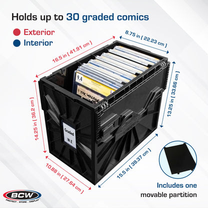 BCW Graded Comic Book Bin with Partition – Black (2 Pack) | Holds 30 Graded Comics | Stackable Comic Book Box Storage for CGC, CBCS & Slabs