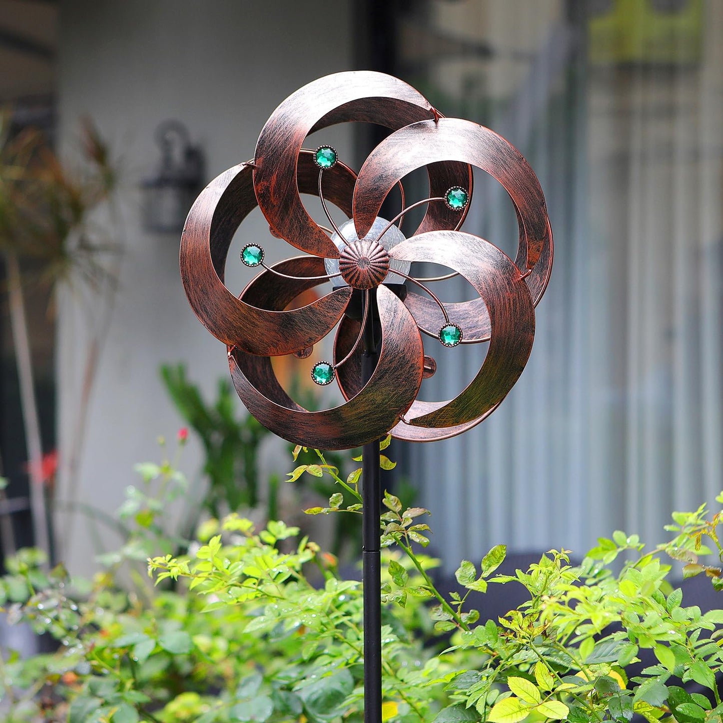 HDNICEZM Solar Wind Spinner Improved 360 Degrees Swivel Multi-Color LED Lighting Glass Ball with Kinetic Wind Spinner Vertical Metal Sculpture Stake Construction for Outdoor Yard Lawn & Garden.