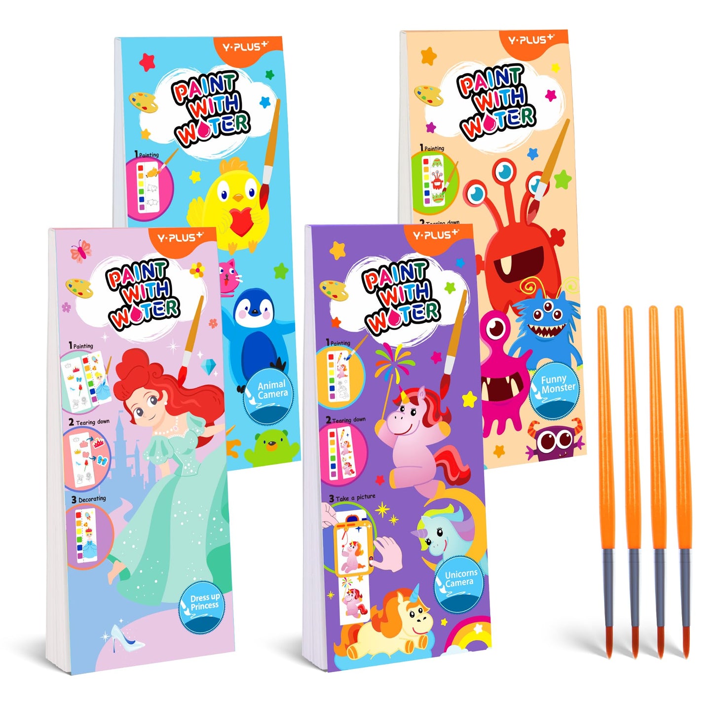 YPLUS Pocket Paint with Water Book for Toddler, Art Activities Craft Toys Watercolor Painting Paper for Kids,Gift for Kids Ages 1-3, 2-4, 4-6,Drawing with Brush- 4 Pack
