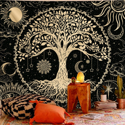 Avinyl Tree of Life Wall Tapestry for Bedroom, Sun and Moon Hippie Tapestries Aesthetic, Black and Gold Wall Hanging Home Decor for Dorm Living Room Office 51in x 60in