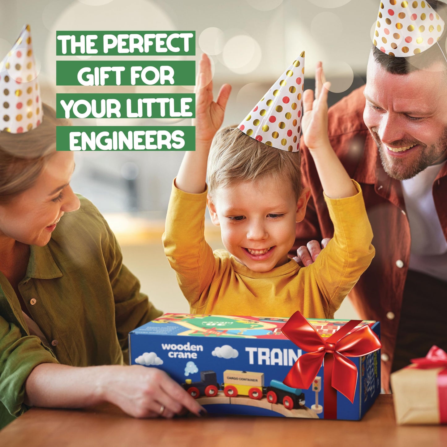 Play22 Wooden Train Set Toddler Toys - 38 Pieces Wood Train Track Set for Toddlers 3-4 Years with Crane, Bridge & Accessories