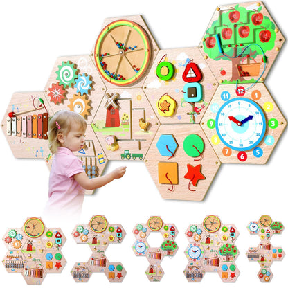 9Pcs Hexagon Activity Wall Busy Board Panels, Wooden Sensory Wall Panel for Kids, Montessori Learning Activity Center, Educational Toys for Toddler Playroom Daycare Nursery Classroom Birthday Gifts