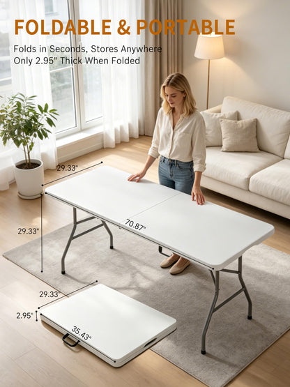 CHRONELLE 6FT Folding Camping Table Portable 350lbs, 6 Foot Folding Picnic Card Table for Outdoor, Plastic Rectangular Dining Work Tables for Indoor, Heavy Duty Fold-in-Half Tray Tables, 71x29 inch